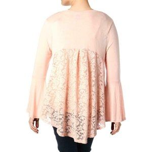 Pink Bell Sleeves Lace Back Pullover Blouse XL